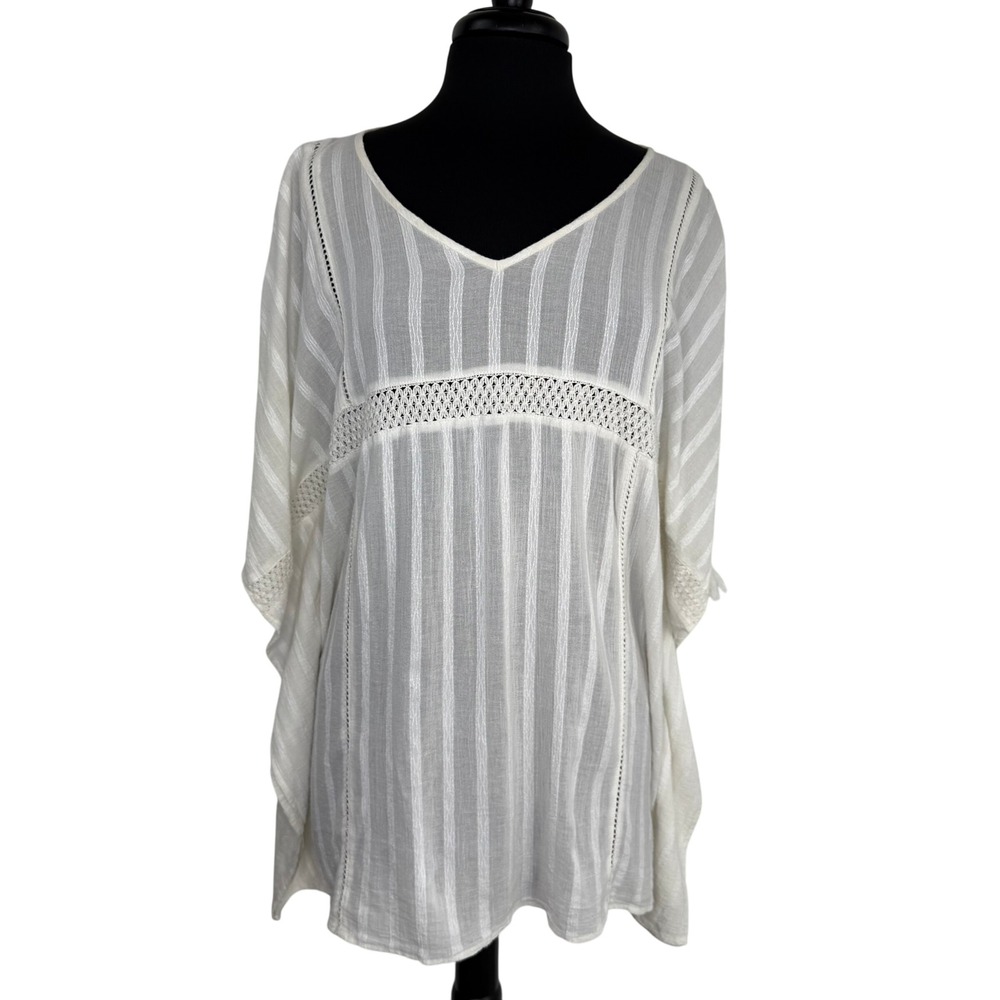 Aerie White Striped Crochet Trim V Neck Kaftan Cover‎ Up Tunic Top M